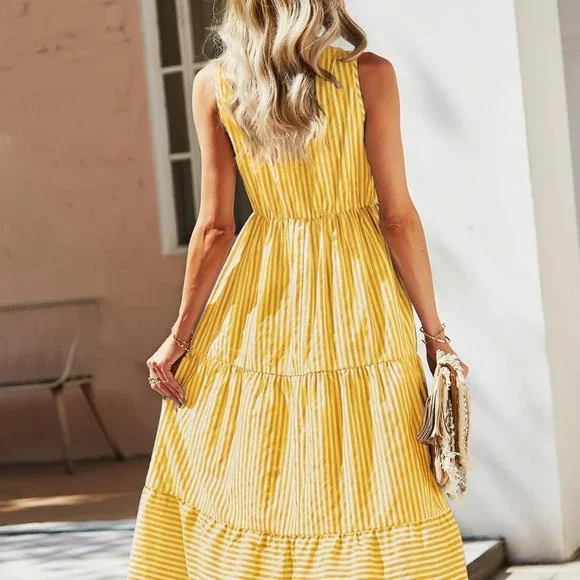 Yellow Boho Womens Striped Print Notched Neck A-line Dress - Picture 2 of 5